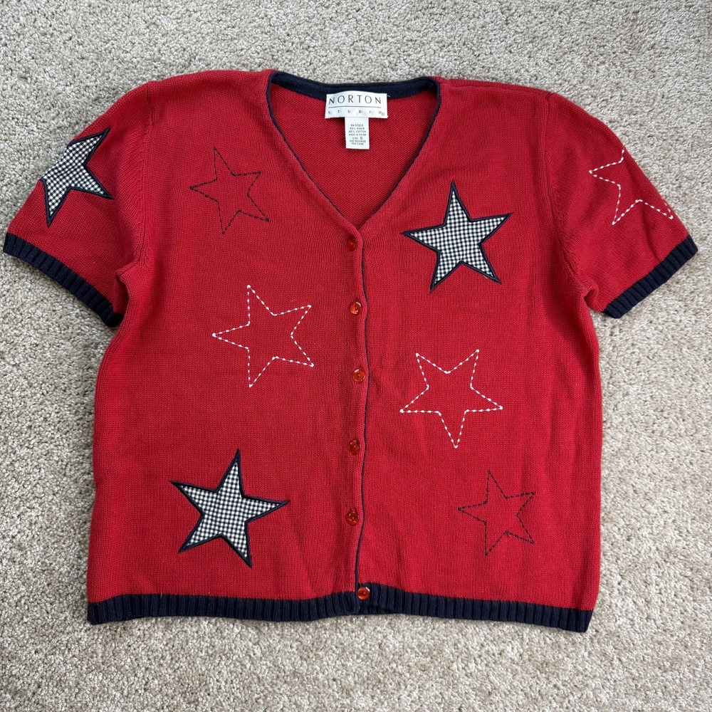 Vintage Norton Cardigan Sweater Womens Small Red Star V Neck Button Patriotic